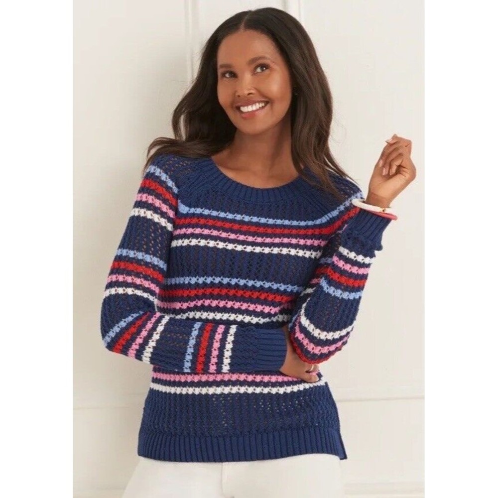 TALBOTS SWEATER SIZE XL (16/18) HAPPY STRIPE COTTON CREW NECK NWT OPEN STITCH